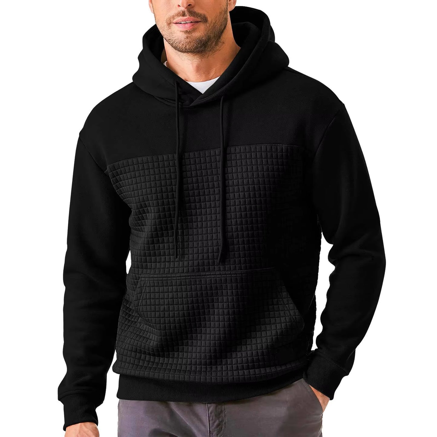 Men Solid Color Hoodie Waffle Kangaroo Pocket Long Sleeve Drop Shoulder Casual Sweatshirt