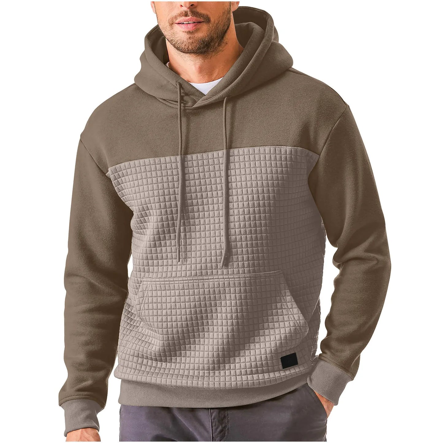 Men Solid Color Hoodie Waffle Kangaroo Pocket Long Sleeve Drop Shoulder Casual Sweatshirt