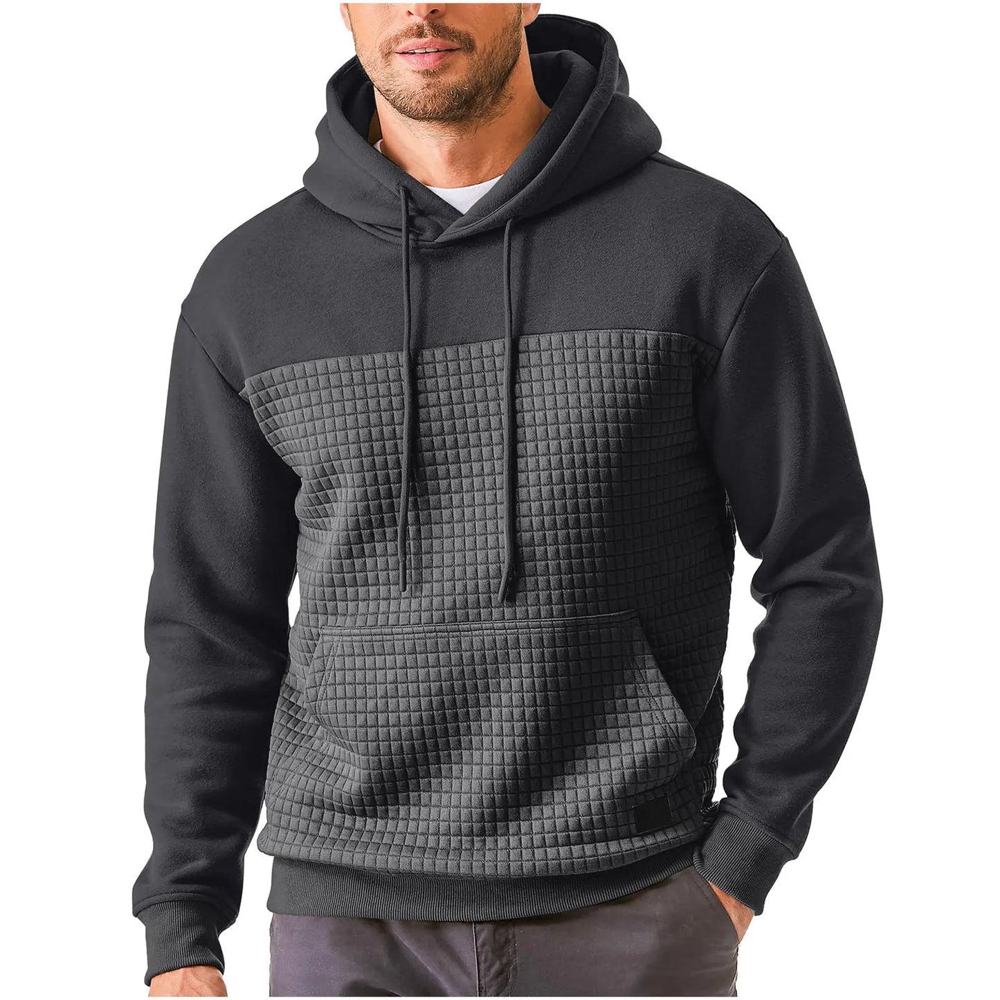 Men Solid Color Hoodie Waffle Kangaroo Pocket Long Sleeve Drop Shoulder Casual Sweatshirt