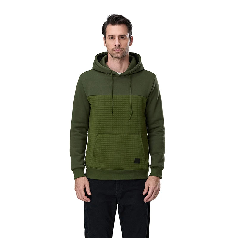 Men Solid Color Hoodie Waffle Kangaroo Pocket Long Sleeve Drop Shoulder Casual Sweatshirt